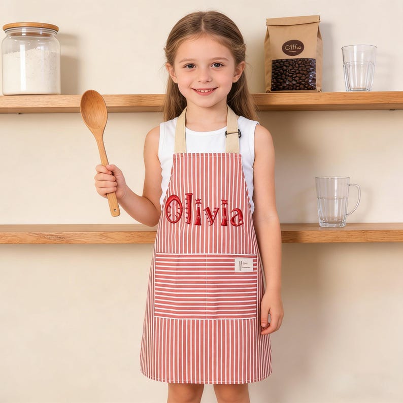 Personalized Hand-Embroidered Apron,Personalized Apron, Kitchen Apron, Custom Cooking Apron with Pocket,Gift for mom,Mother's day gift Light red Kid