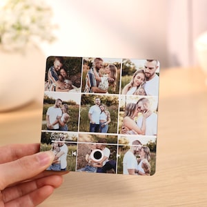 Pode incluir: Uma impress&atilde;o fotogr&aacute;fica quadrada com nove imagens de um casal em v&aacute;rias poses. As imagens s&atilde;o dispostas em uma grade, mostrando uma s&eacute;rie de momentos rom&acirc;nticos. A impress&atilde;o &eacute; segurada por uma m&atilde;o.