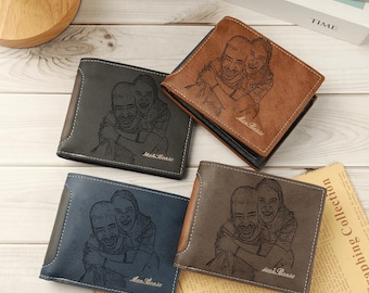 May include: Four leather wallets in shades of brown, gray, and blue are displayed. Each wallet features a personalized image of two people hugging. The text "Men Bense" is printed on each wallet.