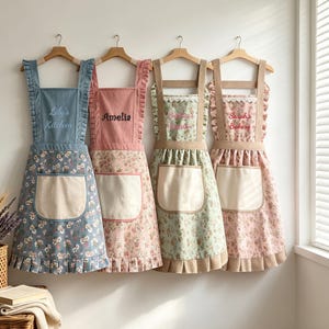 Könnte beinhalten: Vier Schürzen an Holzkleiderbügeln, jede mit gerüschtem Schulterträger, einer cremefarbenen Vordertasche und Blumenmuster. Die Schürzen sind blau, rosa, hellgrün und rosa und tragen gestickte Namen und Texte wie Lily's Kitchen, Amelia und Sarah's Bakery.