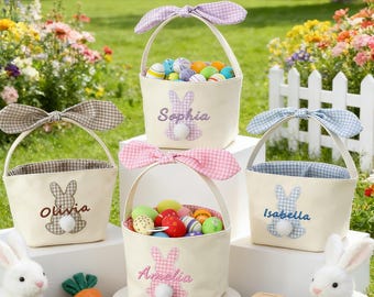 Panier de Pâques brodé personnalisé avec nom, seau lapin personnalisé, cadeau chasse aux œufs de Pâques pour enfants, premier souvenir de Pâques de bébé
