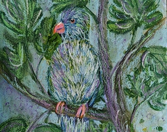 Watercolor / Oil pastel bird "The parrot" on watercolor paper, original painting, 24 × 32 cm, bird painting, tropical painting