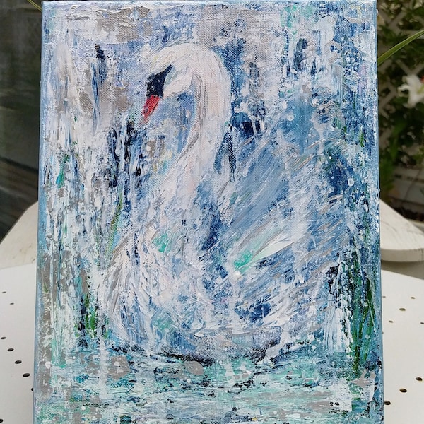 Tableau Peinture acrylique abstraite Cygne "L'élégance gracieuse" sur toile de coton, peinture originale oiseaux 33 cm × 24 cm