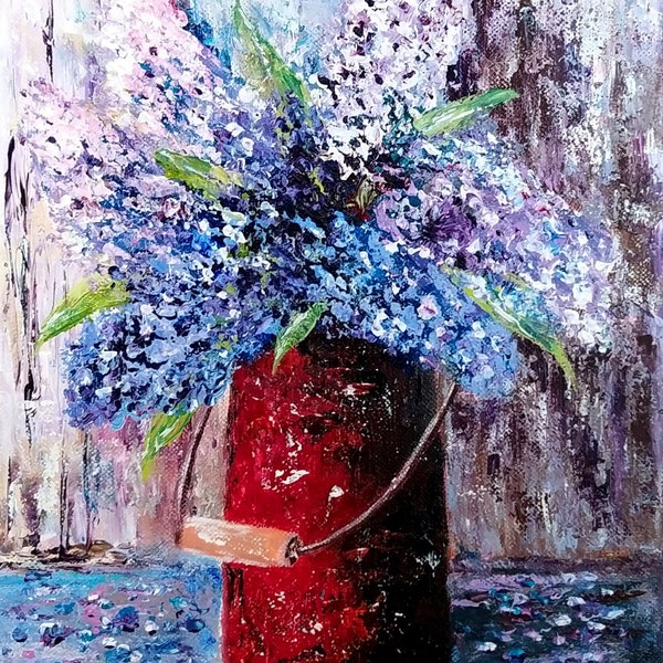 Tableau Peinture acrylique Fleurs "Lilas" sur toile de coton, peinture originale, bouquet de lilas