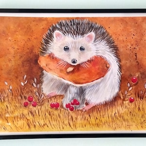 Acquerello Riccio "Il Riccio con il suo fungo" su carta a grana fine, dipinto originale 21 cm × 29,7 cm, incorniciato