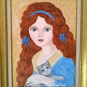 Peinture acrylique "Portrait d'une fille au chaton" sur carton entoilé encadré