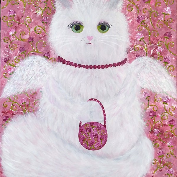 Tableau Peinture acrylique Chat Ange "Mademoiselle Rose", peinture sur toile dans le style Shabby Chic
