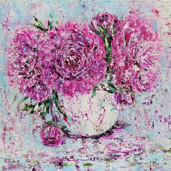 Tableau Peinture acrylique sur toile Pivoines "L'ambiance Pivoine" dans le style Shabby Chic, peinture originale florale 61 cm * 50 cm