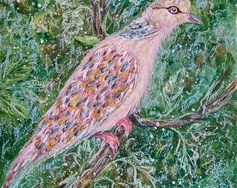 Watercolor / Oil pastel bird "The Turtle Dove" on fine grain watercolor paper, original painting, bird painting, 24 × 32 cm