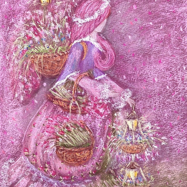 Peinture Pastel "Princesse -fleuriste", peinture originale, dessin original, Shabby Chic,  28,5 * 24 cm