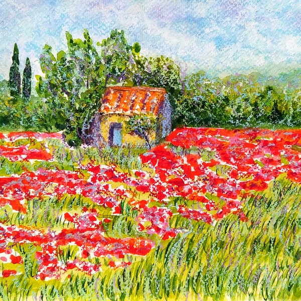 Aquarelle / Pastel à l'huile Paysage "Champ de coquelicots" sur papier aquarelle grain fin, peinture originale, tableau Provence coquelicot