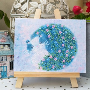 Tableau Chat Peinture acrylique "Chat fleuri" sur le carton entoilé avec son chevalet en bois