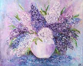 Tableau peinture acrylique Fleurs Lilas "L'ambiance Lilas" sur toile de coton, peinture originale 61 × 50 cm