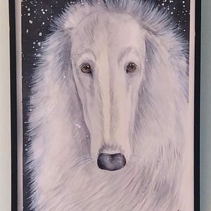 Cane acquerello "White Elegance" su carta a grana fine, dipinto originale 29,7 cm × 21 cm, con cornice.