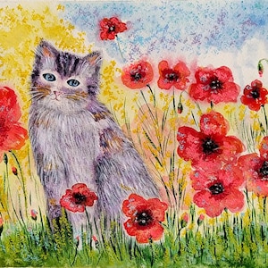 Dipinto di gatto Acquerello/Pastello a olio "Gattino nel campo di papaveri", incorniciato sotto vetro.