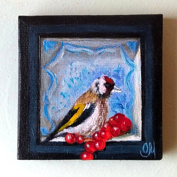 Peinture acrylique Oiseau sur mini - toile 100 % coton sur magnet "Petit chardonneret", peinture oiseau, 7 cm * 7 cm, aimant frigo
