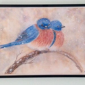 Uccelli acquerellati "Gli uccelli blu" su carta a grana fine, dipinto originale 21 cm × 29,7 cm