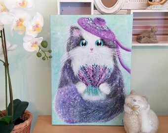 Tableau Peinture acrylique Chat "Miss Lavender" sur toile de coton 46 × 33 cm, peinture originale Chat, Lavande