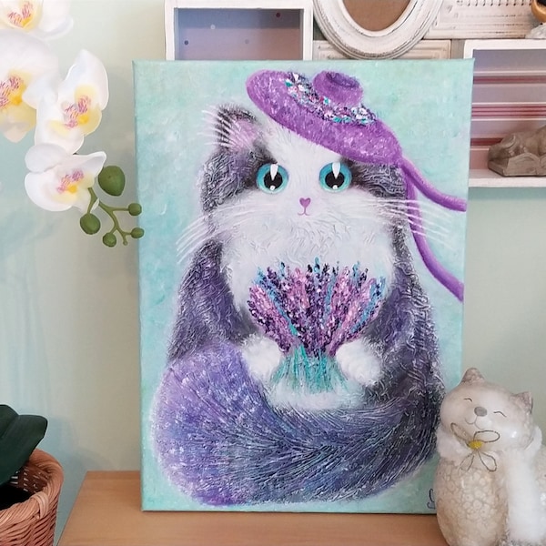 Tableau Peinture acrylique Chat "Miss Lavender" sur toile de coton 46 × 33 cm, peinture originale Chat, Lavande