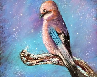 Bird drawing painting in dry pastel "Oak Jay" on Pastelmat paper, 24 × 32 cm, bird drawing, original painting