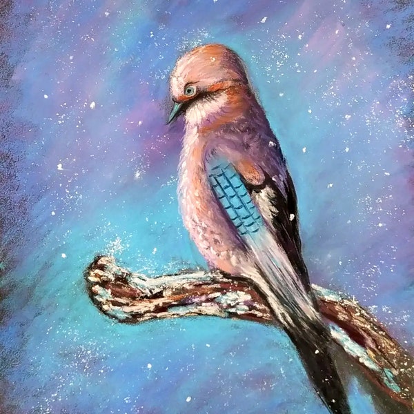 Peinture dessin Oiseau au pastel sec "Geai des chênes" sur papier Pastelmat, 24 × 32 cm, dessin oiseau, peinture original