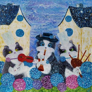 Tableau Peinture acrylique Bretagne Chats "Les minoudens - musiciens" sur toile de coton 3D, 100 cm, peinture chat