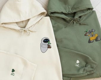 Custom Embroidered Wall E And Eve Matching Sweatshirt,  Couple Embroidery Sweater, Initial On Sleeve, Personalized Disney Couple Crewneck