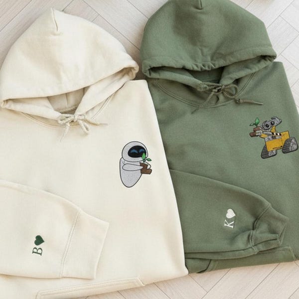 Custom Embroidered Wall E And Eve Matching Sweatshirt,  Couple Embroidery Sweater, Initial On Sleeve, Personalized  Couple Crewneck
