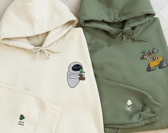 Custom Embroidered Wall E And Eve Matching Sweatshirt,  Couple Embroidery Sweater, Initial On Sleeve, Personalized  Couple Crewneck