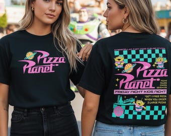 Two Sided Toy Story Aliens Neon Pizza Planet Take Out Flyer Shirt, Magic Kingdom Tee, Disneyworld Disneyland Family Trip Matching