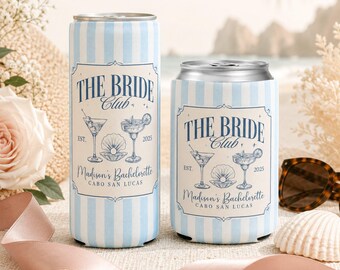 Custom Retro The Bride Club Striped Can Cooler, Personalized Bachelorette Party Coastal Sleeves, Girls Trip Party Favors, Bride Beer Hugger
