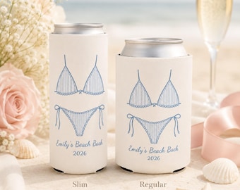 Custom Beach Bikini Bachelorette Can Coolers, Personalized Two Piece Swimsuit Icon Slim Coozie, Bachelorette Party Favors, Bridesmaid Gift