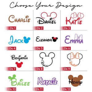 K&ouml;nnte beinhalten: Ein Raster mit zw&ouml;lf Designoptionen mit Namen in verschiedenen Schriftarten und Farben, jeweils mit einer zugeh&ouml;rigen Grafik. Der Text "Choose Your Design" steht oben. Zu den Namen geh&ouml;ren Charlie, Daniel, Katie, Jack, Eleanor, Emma, Benjamin, Plan, Anilee, Bailee, Natalie und Henry.