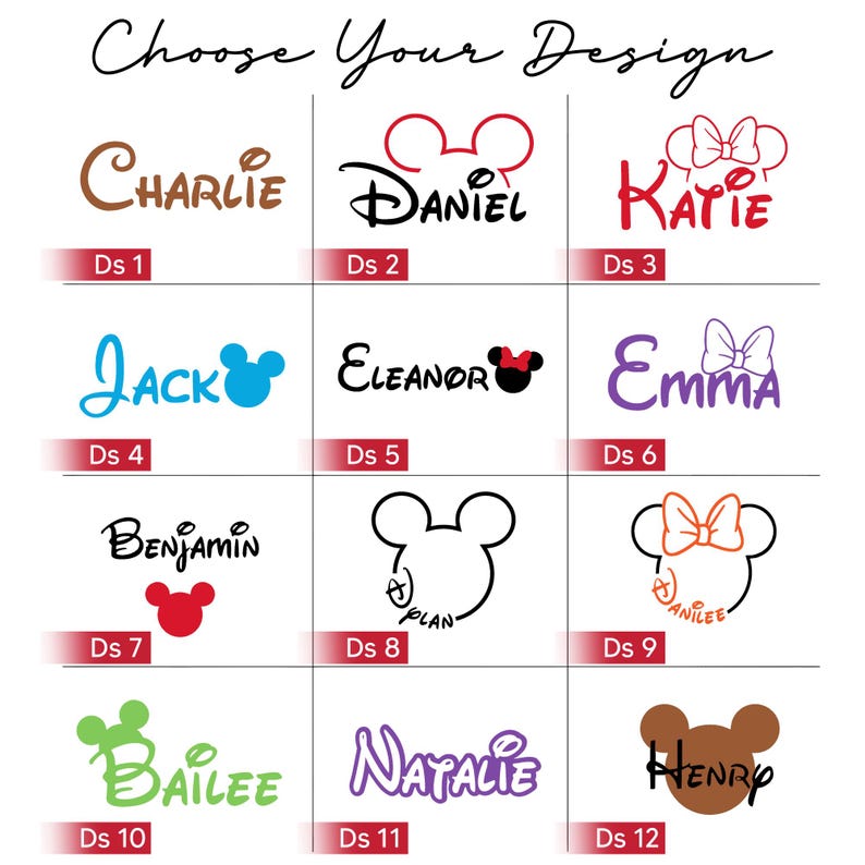 K&ouml;nnte beinhalten: Ein Raster mit zw&ouml;lf Designoptionen mit Namen in verschiedenen Schriftarten und Farben, jeweils mit einer zugeh&ouml;rigen Grafik. Der Text "Choose Your Design" steht oben. Zu den Namen geh&ouml;ren Charlie, Daniel, Katie, Jack, Eleanor, Emma, Benjamin, Plan, Anilee, Bailee, Natalie und Henry.