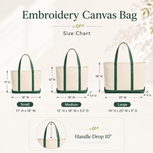 May include: An image displaying three canvas tote bags in different sizes: small, medium, and large. The bags are off-white with green accents and handles. The size chart shows dimensions in inches: 11" H x 18" W, 12" H x 18" W x 5.5" D, and 14" H x 25" W x 9" D.