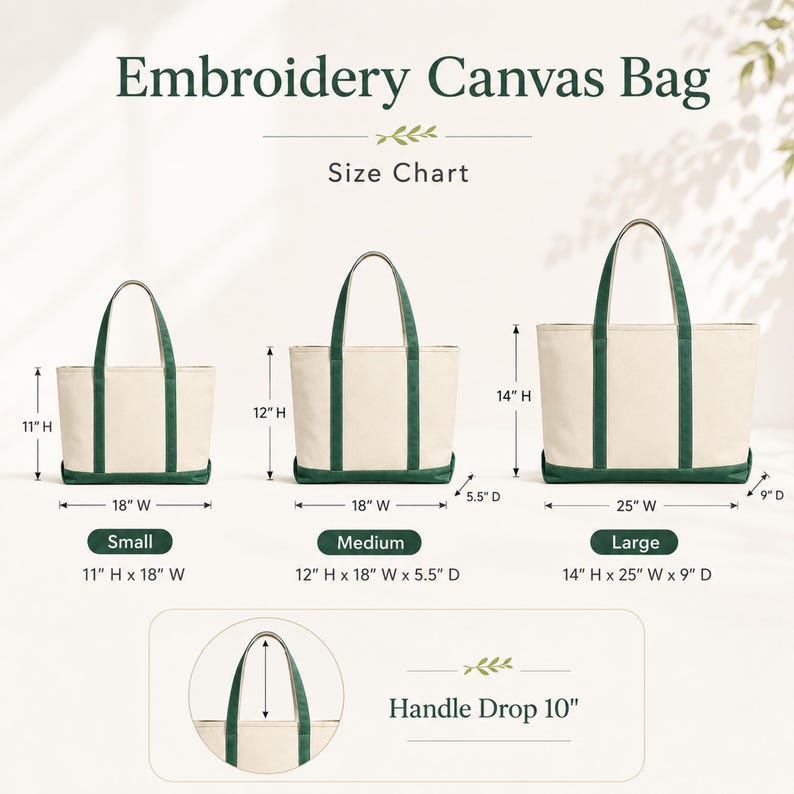 May include: An image displaying three canvas tote bags in different sizes: small, medium, and large. The bags are off-white with green accents and handles. The size chart shows dimensions in inches: 11" H x 18" W, 12" H x 18" W x 5.5" D, and 14" H x 25" W x 9" D.