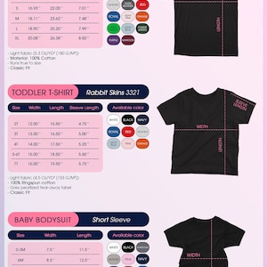 May include: A chart showing the size and color options for youth, toddler, and baby t-shirts. The chart includes Gildan 50008 youth t-shirts, Rabbit Skins 3321 toddler t-shirts, and short-sleeve baby bodysuits. The chart shows the available colors for each size.