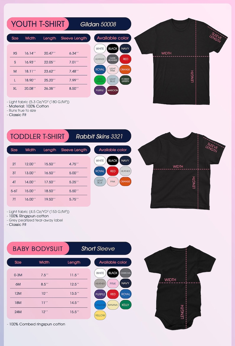May include: A chart showing the size and color options for youth, toddler, and baby t-shirts. The chart includes Gildan 50008 youth t-shirts, Rabbit Skins 3321 toddler t-shirts, and short-sleeve baby bodysuits. The chart shows the available colors for each size.