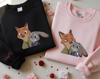 Embroidered Disney Zootopia Nick and Judy Couple Sweatshirt, Personalized Name on Sleeve Embroidery Sweater, Cute Disney Movie Fan Gift
