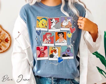 Camiseta Comfort Colors com estampa da Pequena Sereia, Polaroid e balão do Mickey, Ariel, Princesa Linguado, Sebastião e Úrsula, camiseta vintage da Disney.