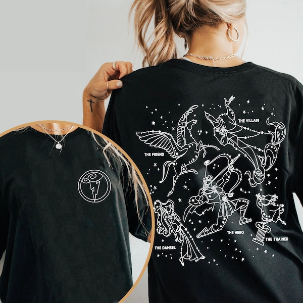 Two Sided Greek Mythology Constellation Shirt, Celestial Greek Hero T-Shirt, Stars Pegasus Graphic Tee, Mythical Maiden Trainer Villain Top