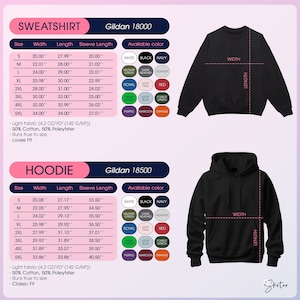 May include: A size chart for Gildan 18000 and 18500 sweatshirts and hoodies. The chart shows the width, length, and sleeve length for each size, from S to 5XL. The chart also lists the available colors for each style, including white, black, navy, military green, dark heather, heather, royal, light pink, red, light blue, forest green, purple, maroon, and orange.