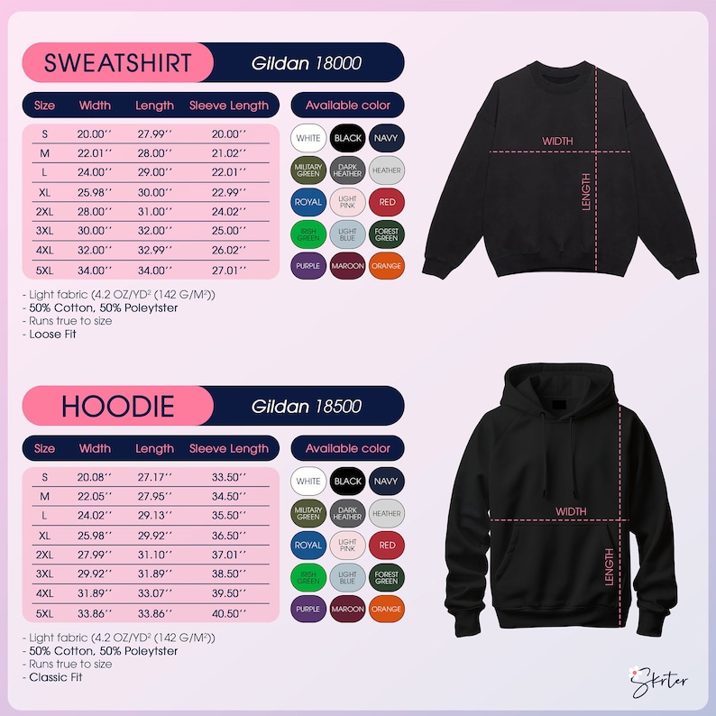 May include: A size chart for Gildan 18000 and 18500 sweatshirts and hoodies. The chart shows the width, length, and sleeve length for each size, from S to 5XL. The chart also lists the available colors for each style, including white, black, navy, military green, dark heather, heather, royal, light pink, red, light blue, forest green, purple, maroon, and orange.