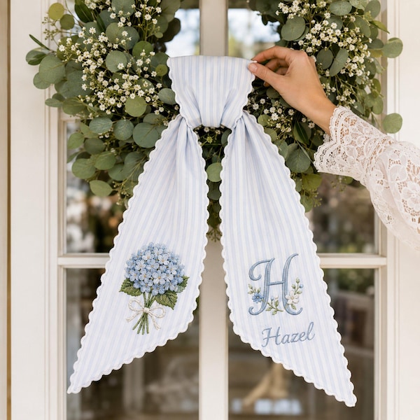 Custom Wedding Flower Monogram Embroidered Wreath Sash, Personalized Bridal Shower Front Door Decor, Wedding Gift For Couple