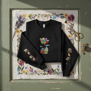 Embroidered Pixar Up Balloon House Kevin Bird Adventure Is Out There Sweatshirt, Disney Paradise Falls Embroidery, Disneyland Family Trip