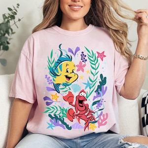 Flounder and Sebastian Floral Under The Sea Comfort Colors Shirt, The Little Mermaid  T-shirt, Magic Kingdom Park, 2024 Trip