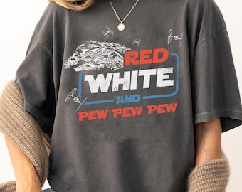 Star Wars Red White and Pew Pew Shirt, 4th of July Patriotic Tee, Millennium Falcon Funny Graphic, Independence Day Disney Shirt