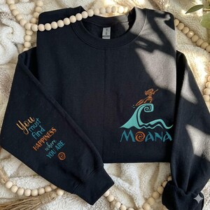 Embroidered Moana Silhouette Wave Sweatshirt, You Must Find Happiness Where You Are Crewneck, Disney Moana 2 Outfit, Disney Princess Gift image 1