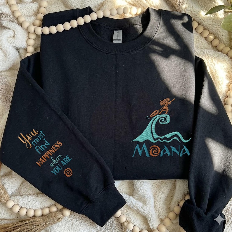 Embroidered Moana Silhouette Wave Sweatshirt, You Must Find Happiness Where You Are Crewneck, Disney Moana 2 Outfit, Disney Princess Gift image 1