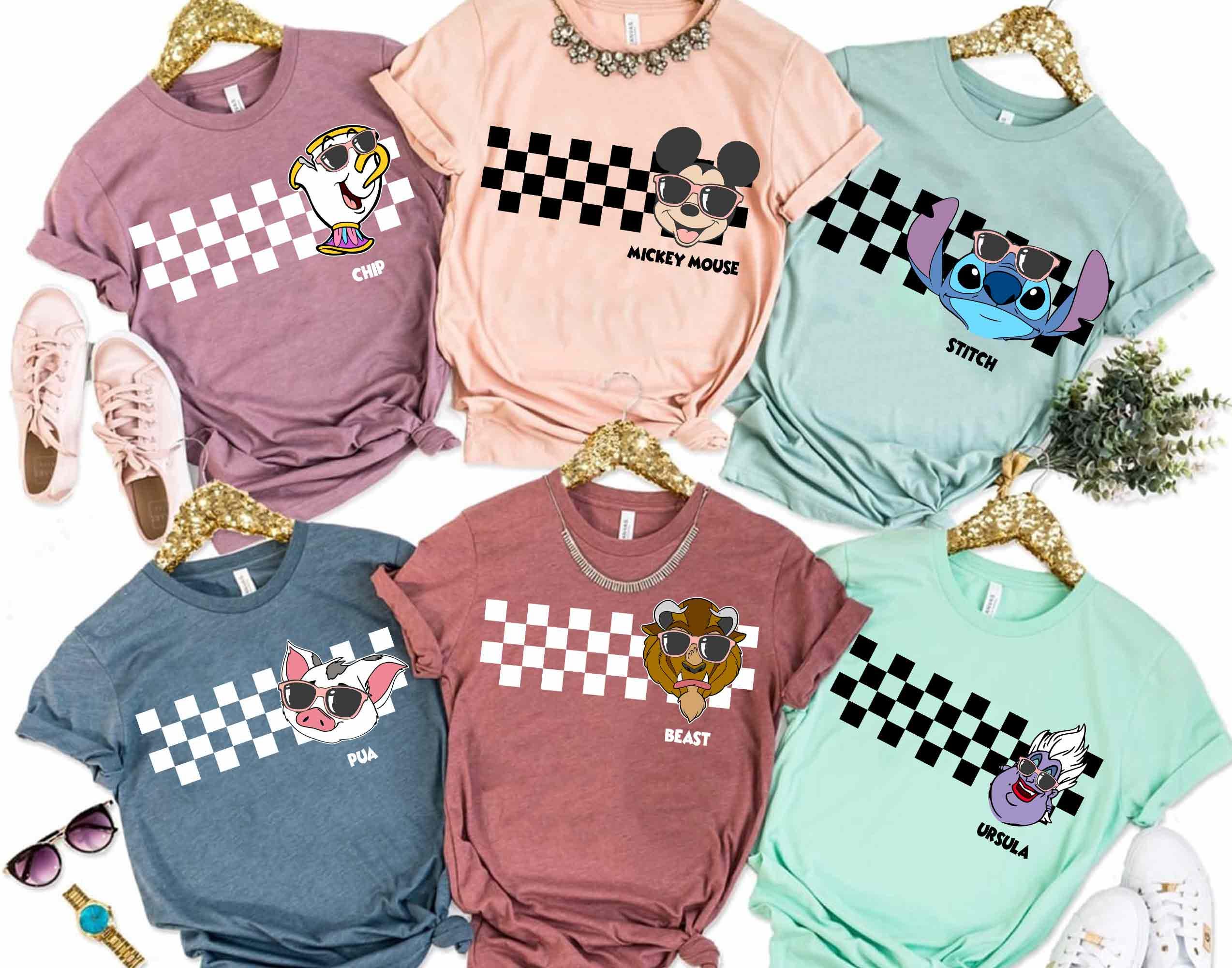 Custom Checkered Disney All Characters With Glass Shirt, Personalized Party Group T-shirt, Disney Family Matching Tee, Disney Trip 2024